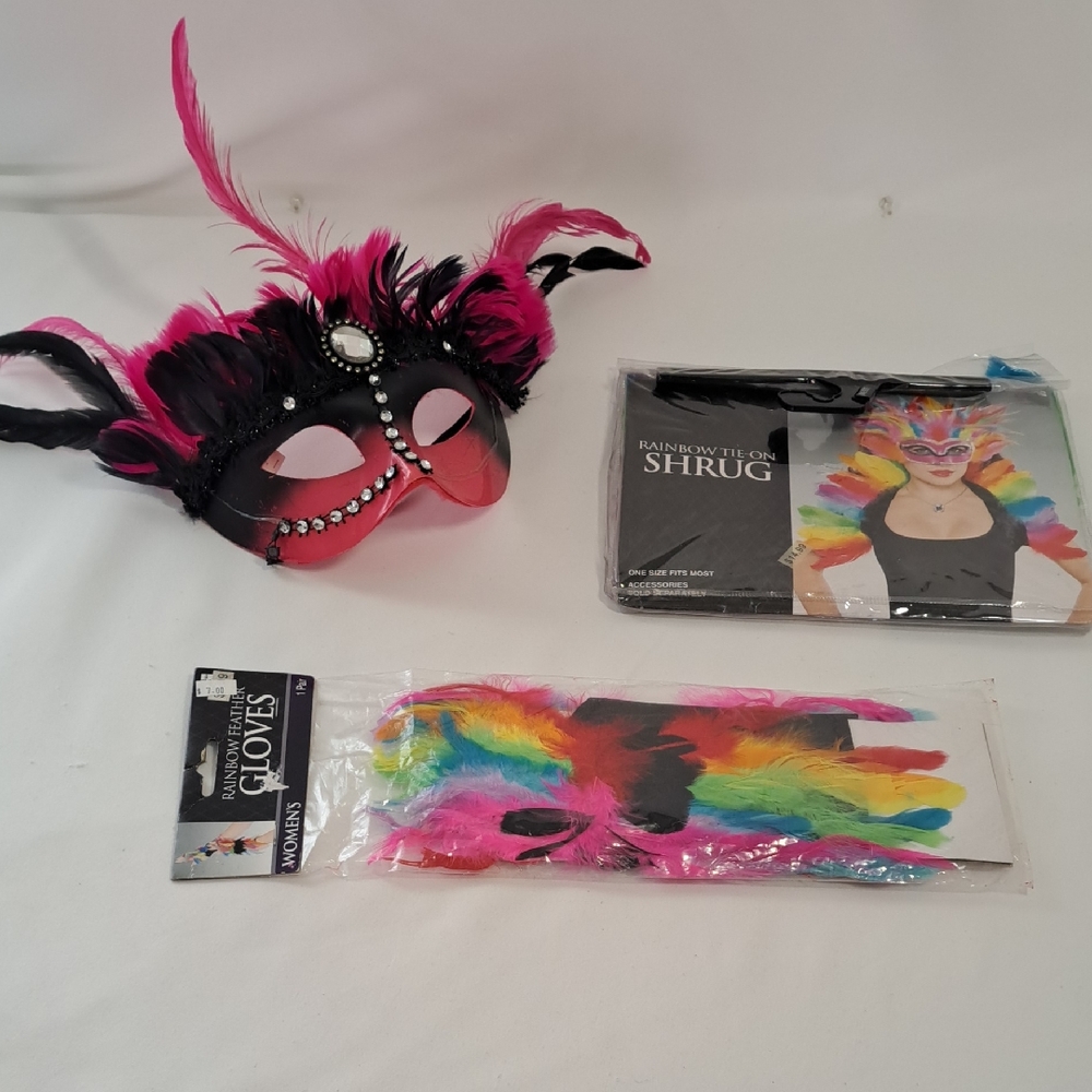 Rainbow Vibrant Feathered Party Mask with Jewel Accents Bundle